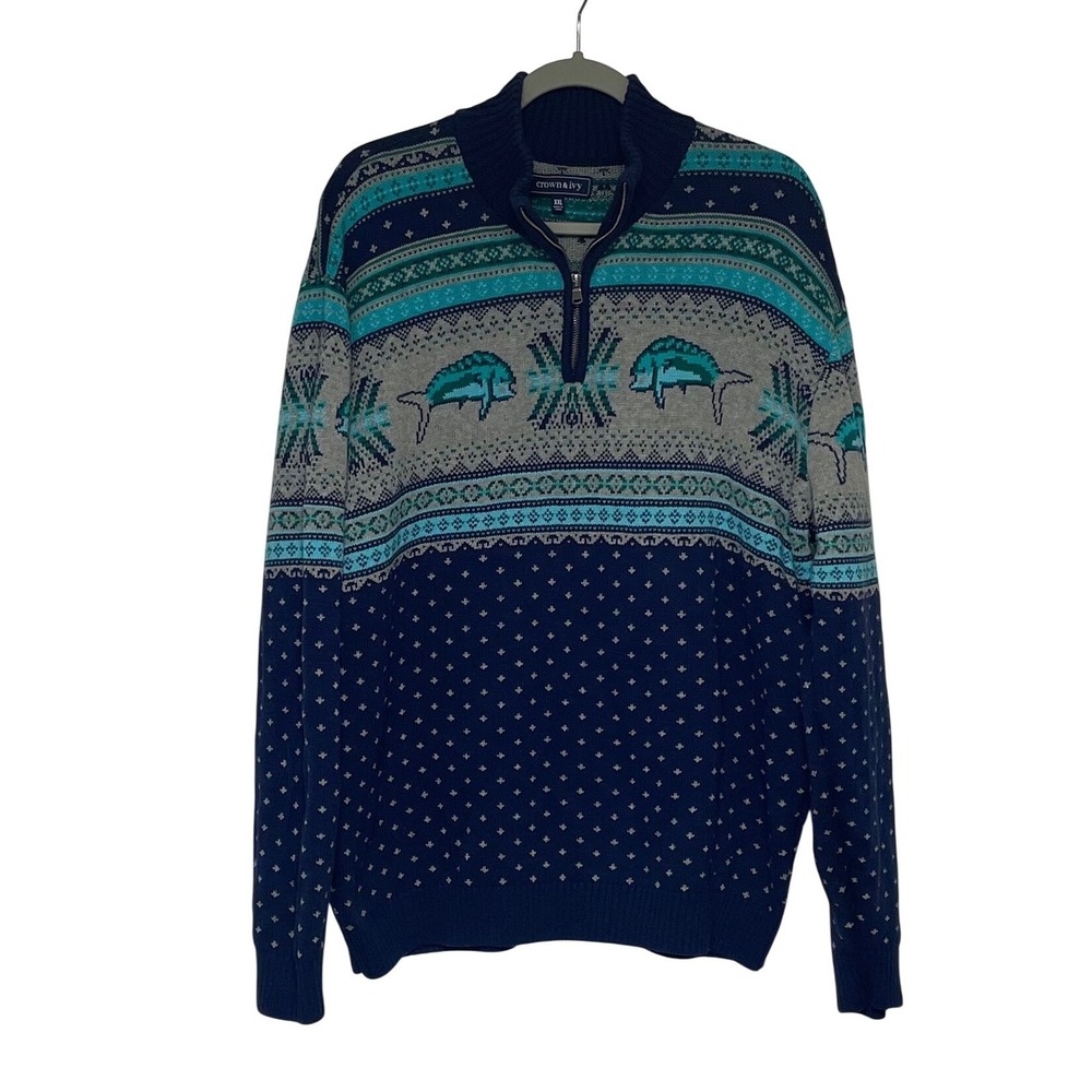 Crown‎ & Ivy Fish Pattern Blue Green 1/4 Zip Knit Sweater Men's XXL